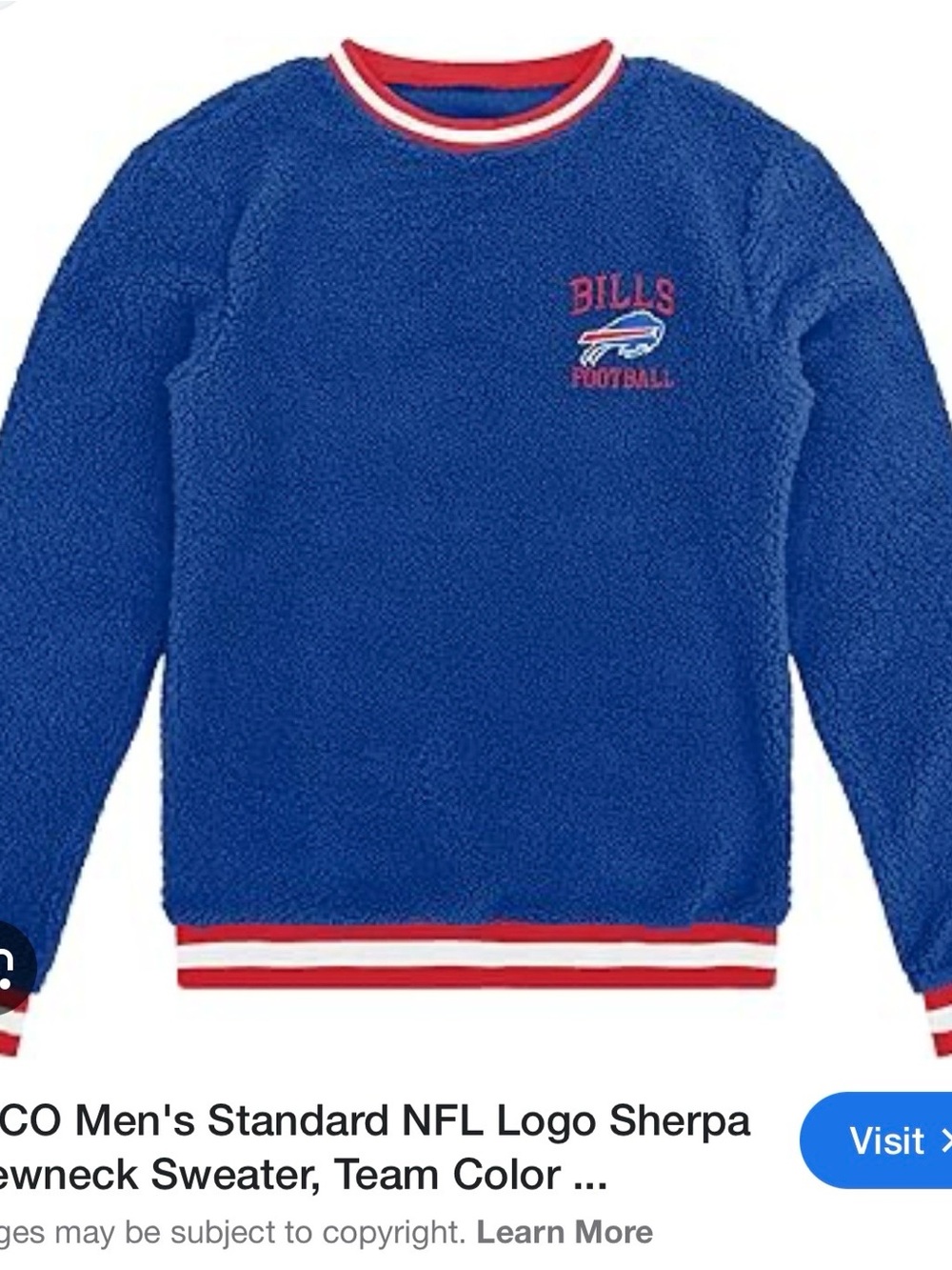 NFL Buffalo Bills Royal Blue Sherpa Crewneck with Red & White Trim